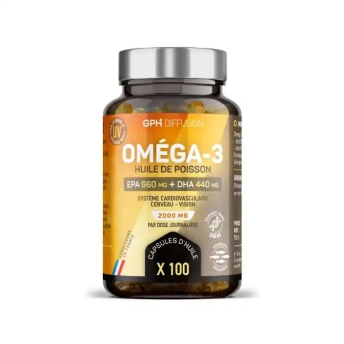 Promo ! GPH Diffusion Omega 3 2000mg Huile de Poissons 660mg EPA / 440mg DHA د.م. 165  –  د.م. 295 GPH Diffusion Oméga 3 2000 mg est un complément à base d’huile de poissons hautement concentrée en EP