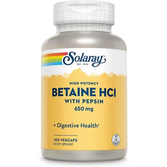 Solaray Betaine HCL haute efficacité avec pepsine, 650 mg, 100 capsules végétariennes