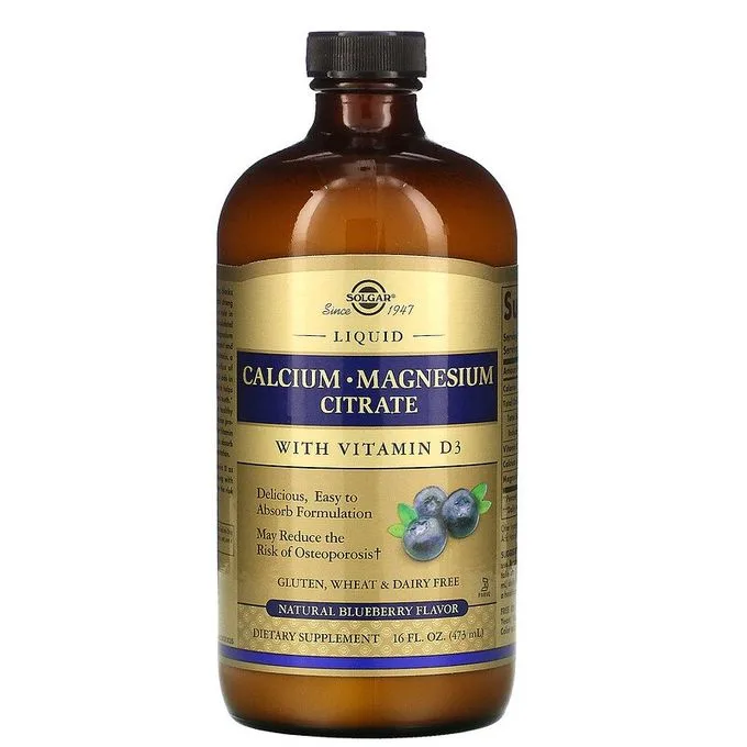 Promo ! Solgar Citrat de calcium et de magnésium liquide avec vitamine D3, bleuet naturel, 473 ml
