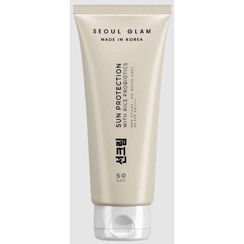Glam, Écran Solaire de protection contre les UVA & les UVB, aux Probiotiques de Riz fermenté, acide hyaluronique et Niacinamide SPF50+ PA++++ Crème Légère transparente sans Traces Blanches & Non Colla
