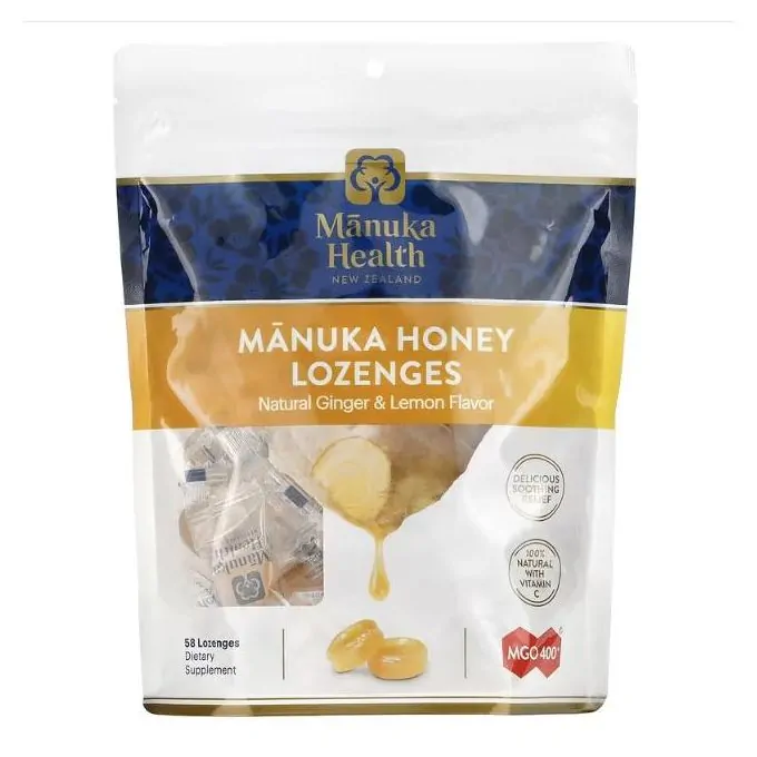 Promo ! Manuka Health, Pastilles au miel de manuka + vitamine C, Gingembre et citron naturels, MGO 400+, 58 pastilles