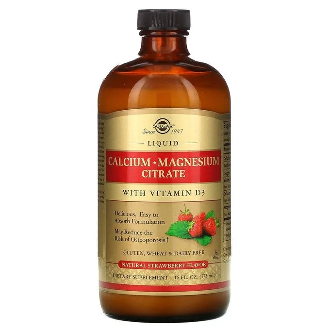 Promo ! Solgar Liquid Calcium Magnesium Citrat with Vitamin D3, Natural Strawberry 473 ml.