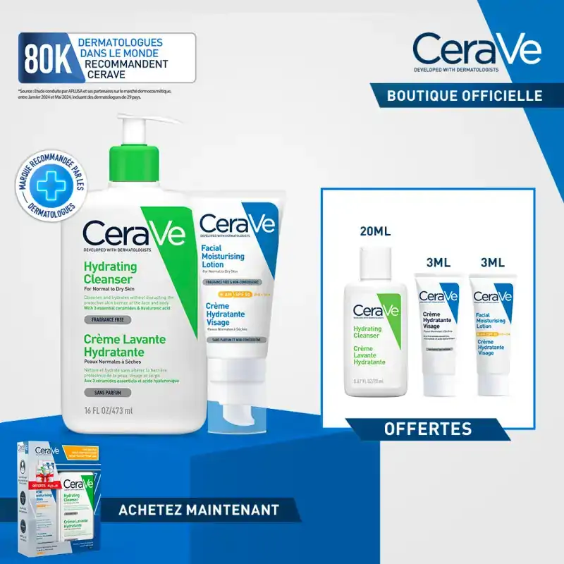 Promo ! CERAVE Pack Crème Lavante Hydratante 473 Ml + Crème Hydratante Visage Spf50 Ml + 3 Miniatures Offertes
