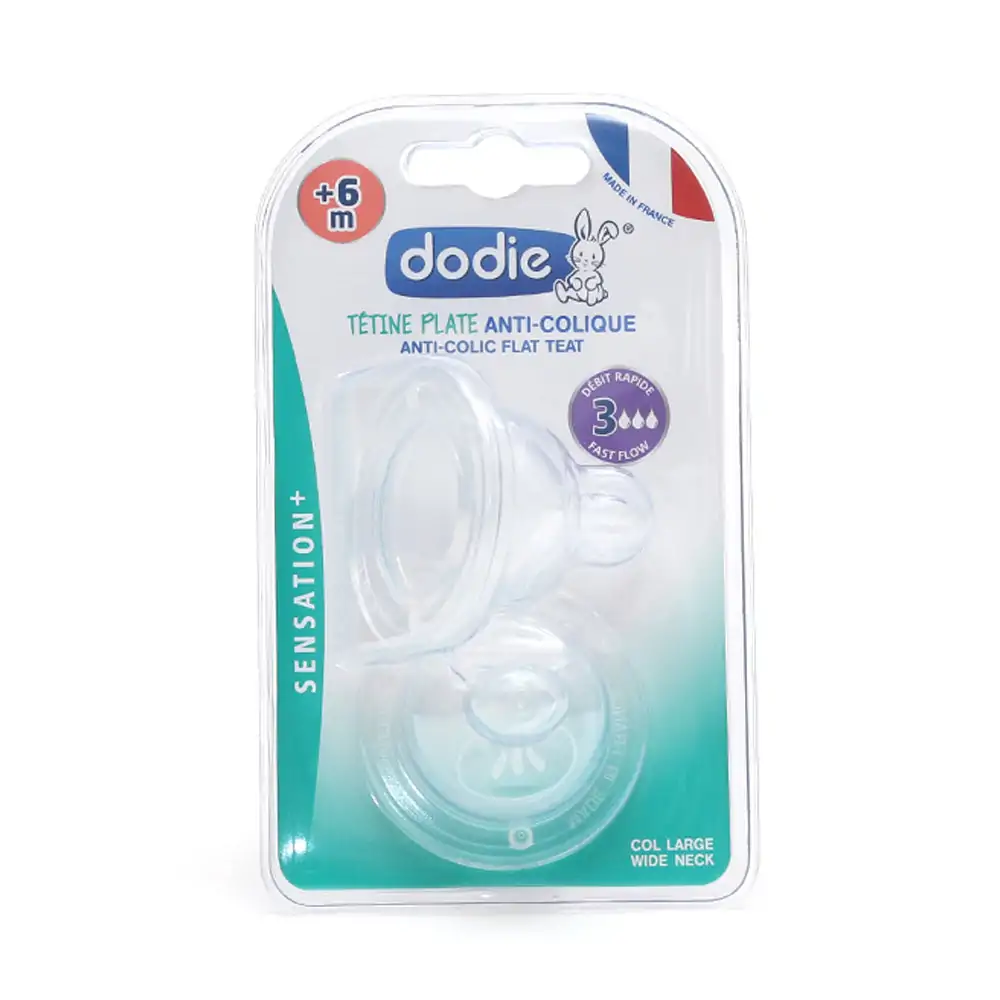 Promo ! Dodie 2 Tétines Plates Sensation+ Col Large Débit 3 +6m