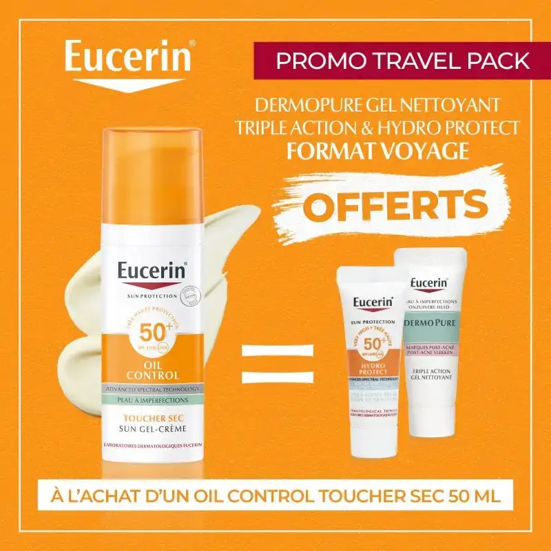 Promo ! EUCERIN OFFRE WEB OIL SUN PROTECT CONTROL TOUCHER SEC 50 ML + 2 MINIATURE OFFERTS
