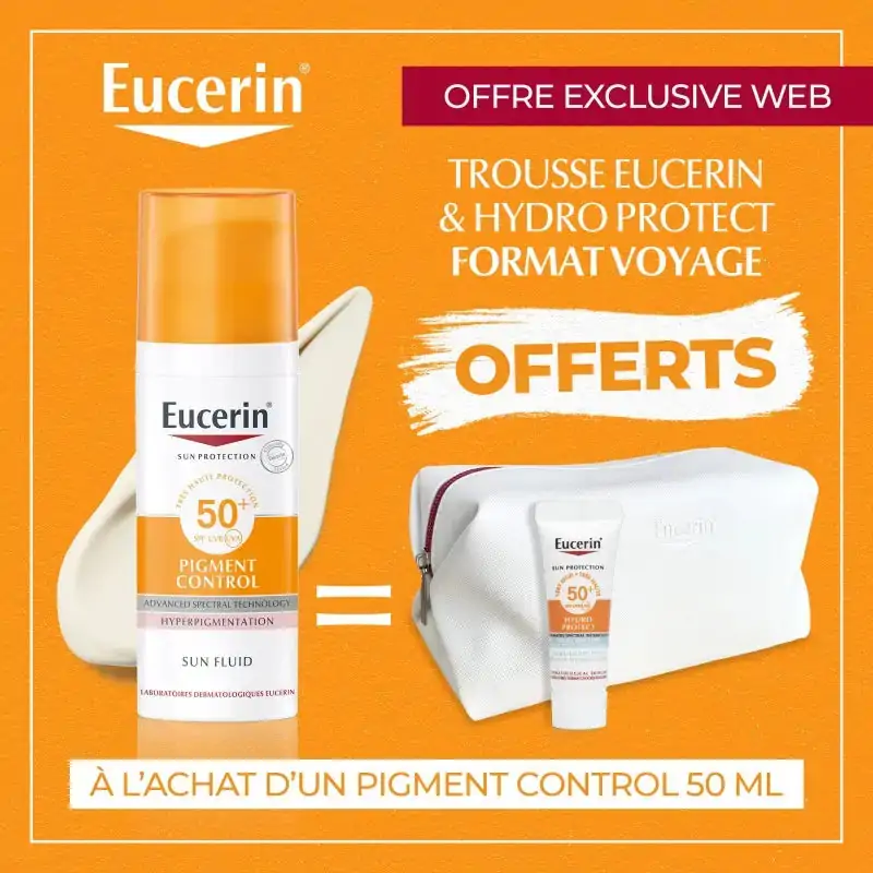 Promo ! EUCERIN OFFRE WEB SUN FLUIDE PIGMENT CONTROL 50 ML SPF 50 + FORMAT VOYAGE ET TROUSSE OFFERTS