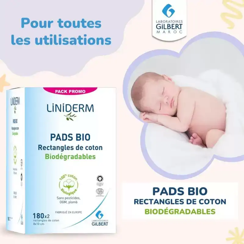 Promo ! GILBERT Pack PADS BIO Rectangles De Coton | 180*2