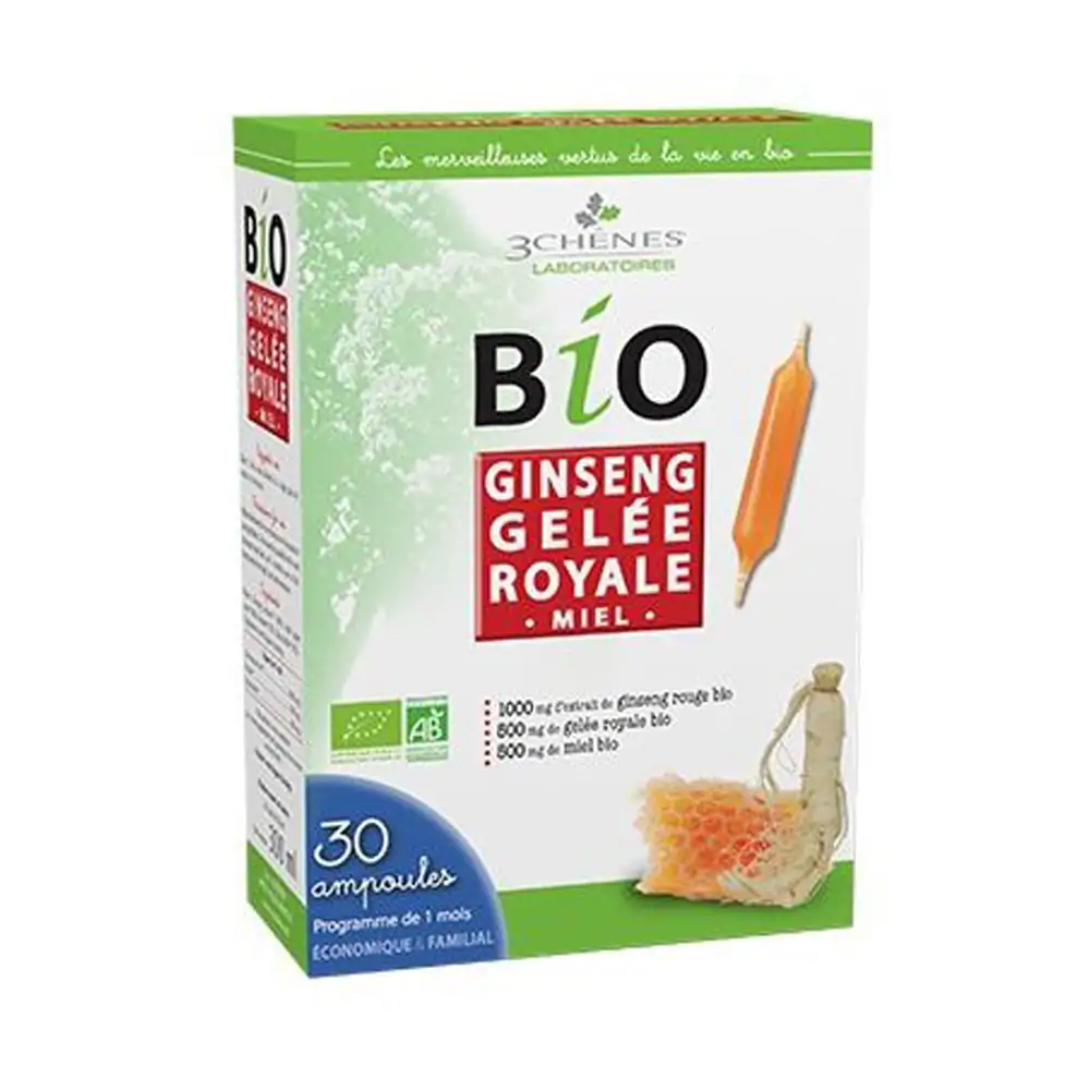 Promo ! Les 3 Chênes Bio Ginseng Gelée Royale Miel 30 Ampoules*10ml