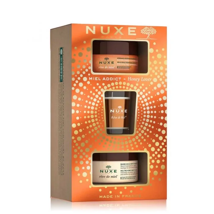 Promo ! Nuxe Coffret Gommage gourmand nourrissant corps + Baume-huile corps + Bougie