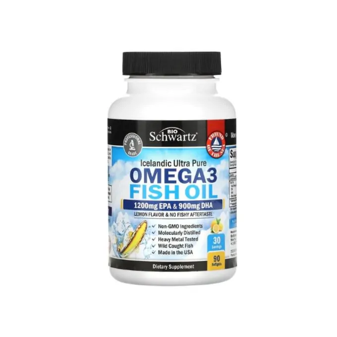 BioSchwartz Huile de poisson Oméga-3 Saveur citron 1200 mg d’EPA 900 mg de DHA – 90 capsules