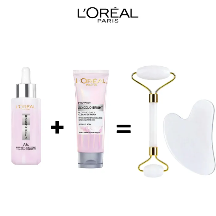 Promo ! L’Oréal Paris GLYCOLIC BRIGHT MELASYL SERUM 30ML = Glowing Cleanser GLYCO BRIGHT + Coffret Guasha