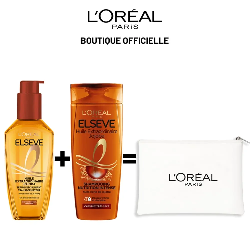 Promo ! L’Oréal Paris ELSEVE HUILE EXTRAORDINAIRE JOJOBA + Shampooing JOJOBA 200ml + Trousse offerts