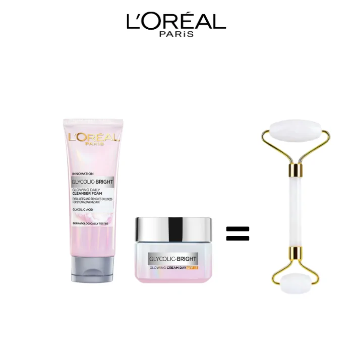 Promo ! L’Oréal paris GEL WASH GLYCO BRIGHT 100ML + CREAM JOUR GLYCO BRIGHT 50ML = Roller OFFERT