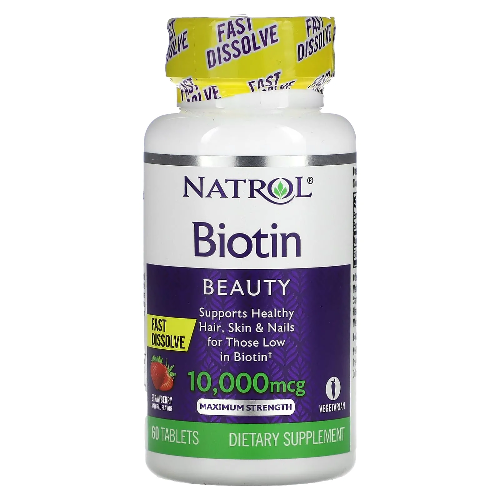 Promo ! Natrol Biotine Dissolution rapide Puissance maximale Fraise 10 000 µg 60 comprimés