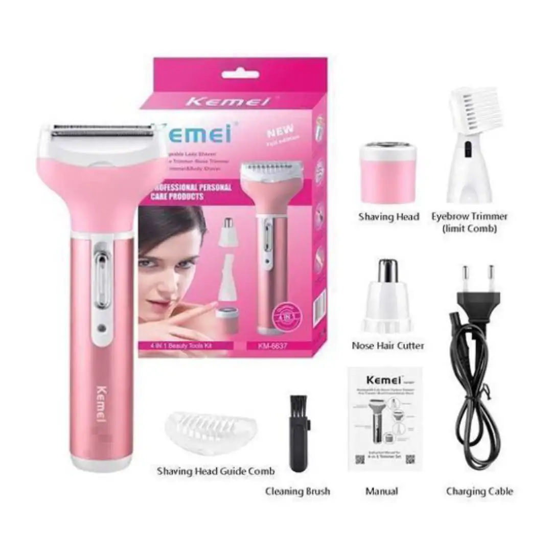 Kemei KM – 6637 Epilateur-Rasoir multifonctions – Rechargeable – 4 en 1 – Rose