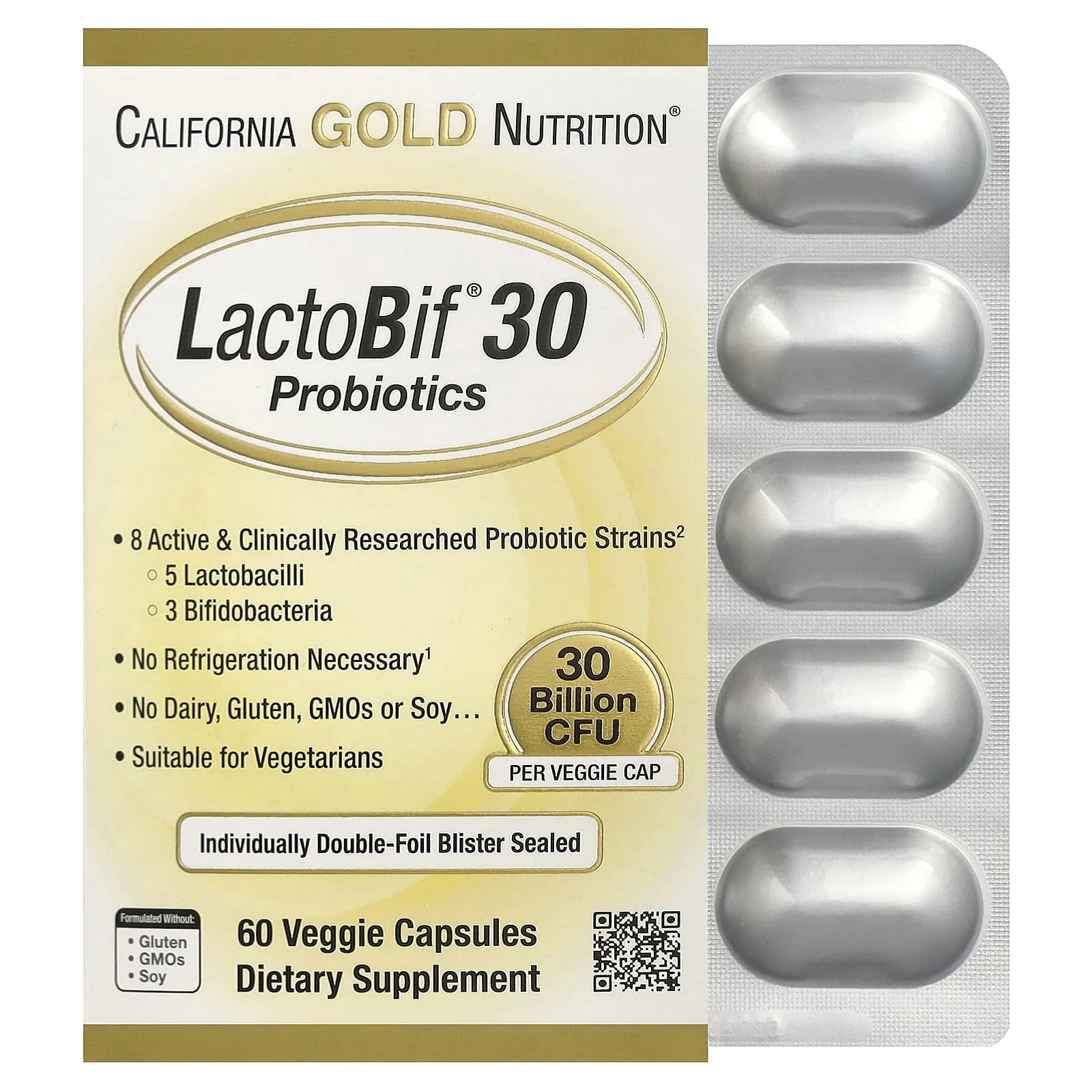 Promo ! California Gold Nutrition, Probiotiques LactoBif® 30, 30 milliards d’UFC, 60 capsules végétales