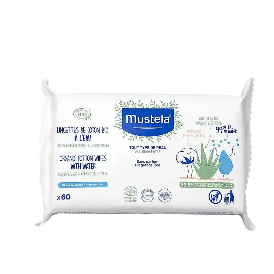 Promo ! Mustela Bio lingettes coton Bio à l’eau 60 pcs