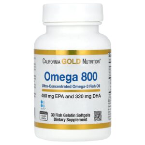 California Gold Nutrition Omega 800 Huile de poisson de qualité pharmaceutique Sous forme de triglycérides KD-Pur 1000 mg 30 capsules à enveloppe molle en gélatine de poisson