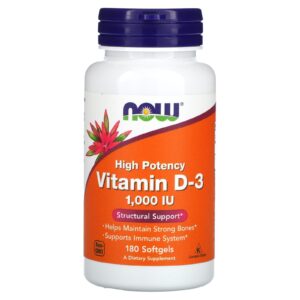 Now foods Vitamine D3 haute efficacité 1000 UI 180 capsules à enveloppe molle