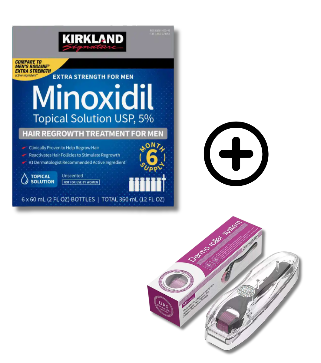 Kirkland Minoxidil 5% Homme Traitement Repousse Cheveux 6 Mois + Derma Roller